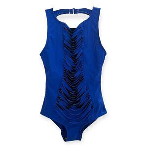 Karla Colletto Blue Hi Neck Draped Fringe Cut One Piece Luxury Swimsuit Size 6